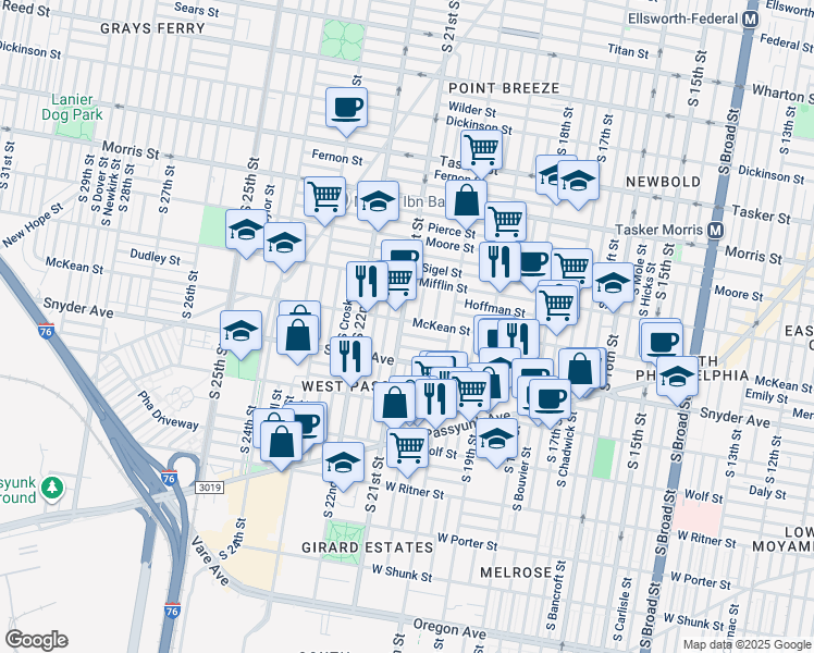 map of restaurants, bars, coffee shops, grocery stores, and more near 2027 McKean Street in Philadelphia