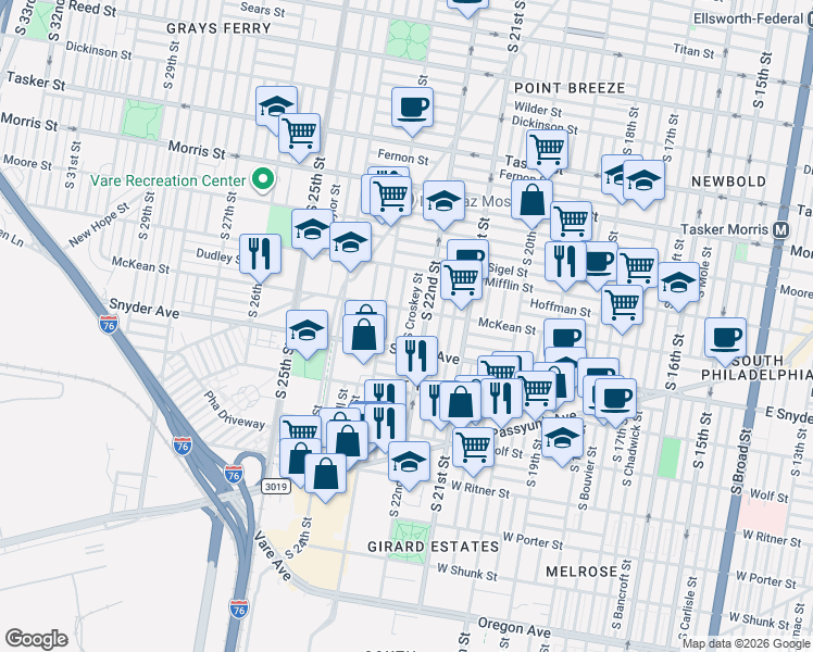 map of restaurants, bars, coffee shops, grocery stores, and more near 2013 South Croskey Street in Philadelphia