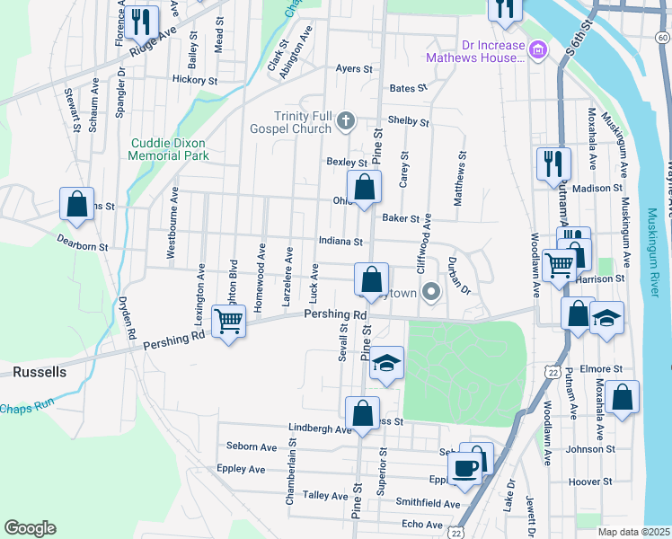 map of restaurants, bars, coffee shops, grocery stores, and more near 926 Nancy Avenue in Zanesville
