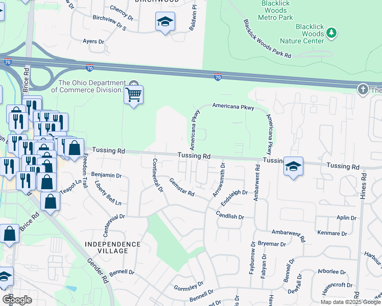 map of restaurants, bars, coffee shops, grocery stores, and more near 6800 Tussing Road in Reynoldsburg