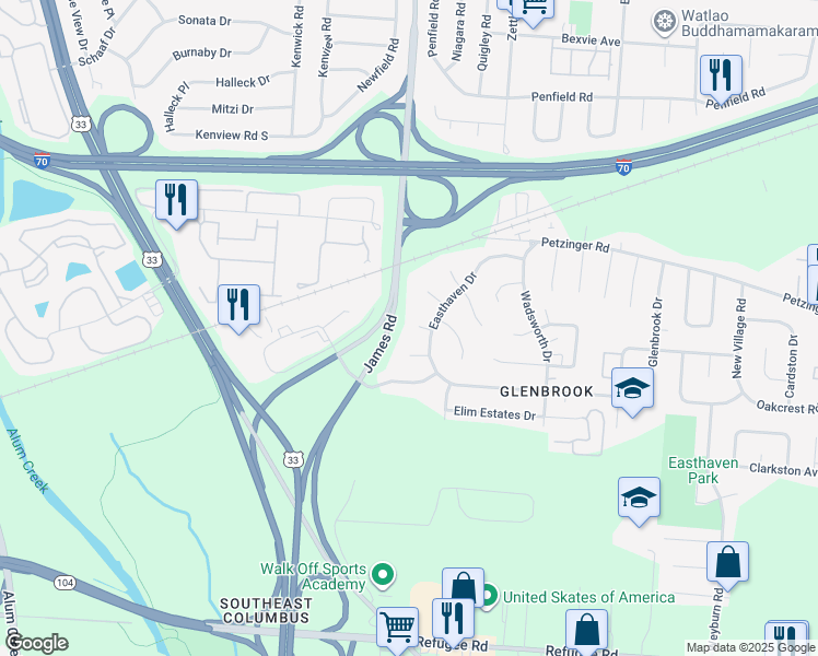 map of restaurants, bars, coffee shops, grocery stores, and more near 2911 Heath Court in Columbus