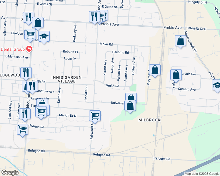 map of restaurants, bars, coffee shops, grocery stores, and more near 1595 Smith Road in Columbus