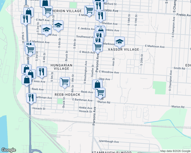 map of restaurants, bars, coffee shops, grocery stores, and more near 1775 Parsons Avenue in Columbus