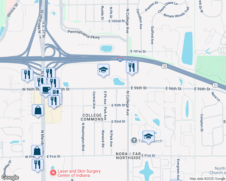 map of restaurants, bars, coffee shops, grocery stores, and more near 9590 Broadway Street in Indianapolis