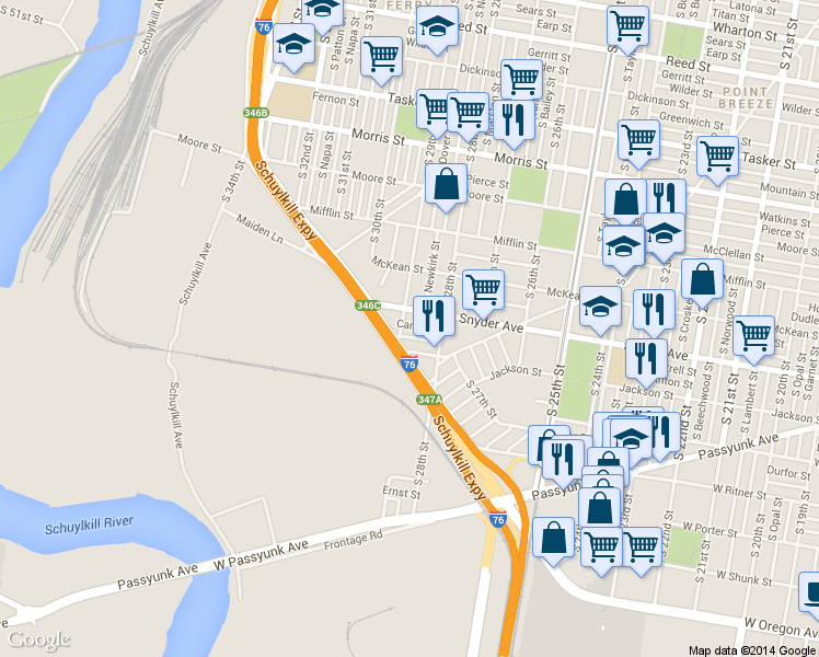map of restaurants, bars, coffee shops, grocery stores, and more near 2846 Cantrell Street in Philadelphia