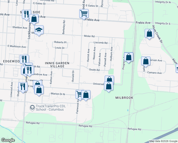 map of restaurants, bars, coffee shops, grocery stores, and more near 1551 Smith Road in Columbus