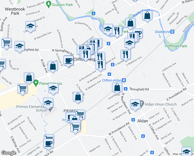 map of restaurants, bars, coffee shops, grocery stores, and more near 48 West Berkley Avenue in Clifton Heights
