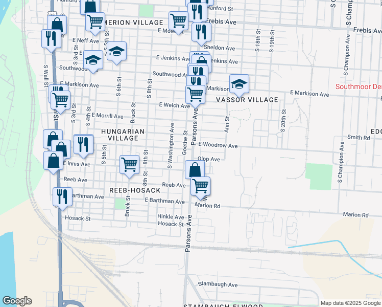 map of restaurants, bars, coffee shops, grocery stores, and more near 1775 Parsons Avenue in Columbus