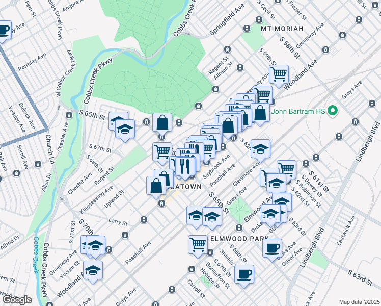 map of restaurants, bars, coffee shops, grocery stores, and more near 2120 South 64th Street in Philadelphia