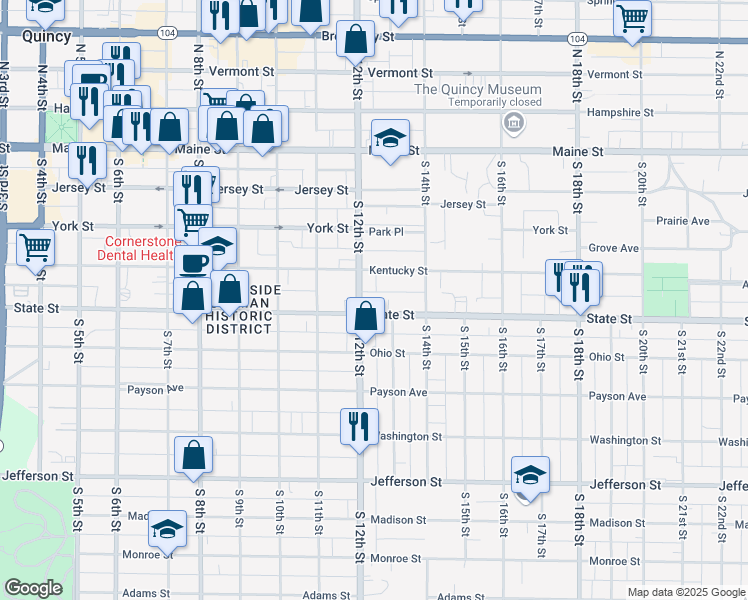map of restaurants, bars, coffee shops, grocery stores, and more near 425 South 12th Street in Quincy