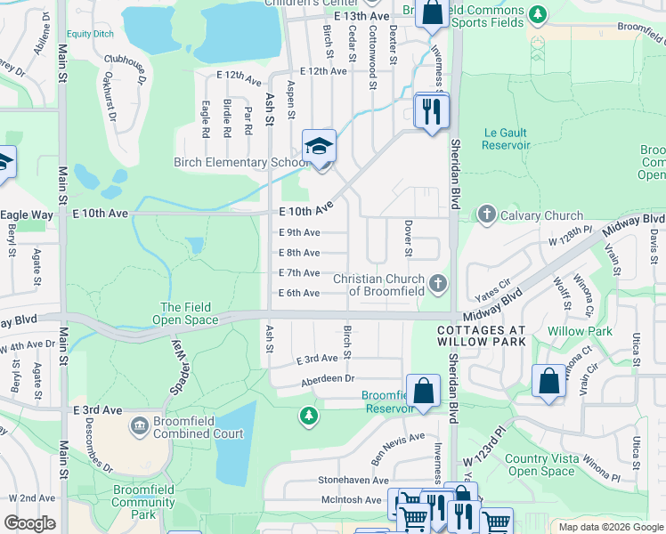 map of restaurants, bars, coffee shops, grocery stores, and more near 987 East 7th Avenue in Broomfield
