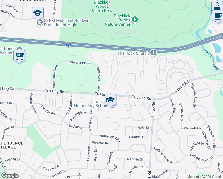 map of restaurants, bars, coffee shops, grocery stores, and more near 2553 John Steven Way in Reynoldsburg