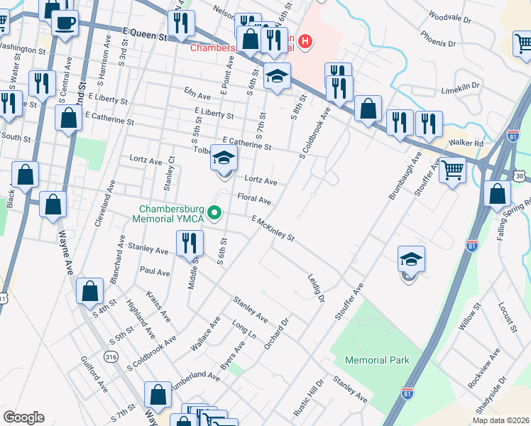 map of restaurants, bars, coffee shops, grocery stores, and more near 523 South Coldbrook Avenue in Chambersburg