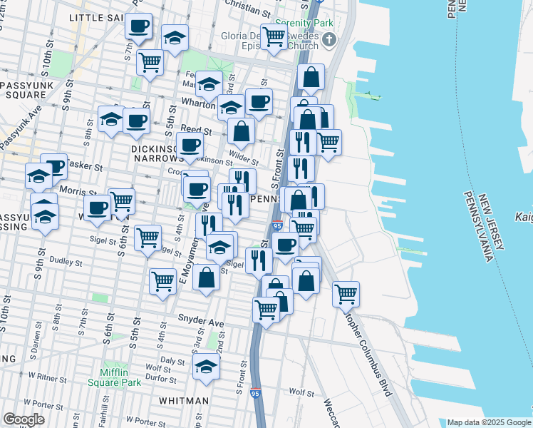 map of restaurants, bars, coffee shops, grocery stores, and more near 1624 South Front Street in Philadelphia