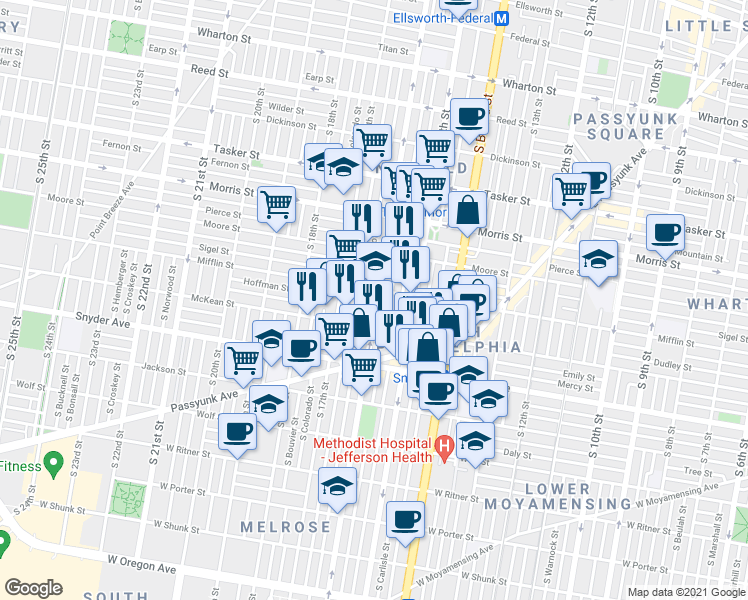 map of restaurants, bars, coffee shops, grocery stores, and more near 1912 South 16th Street in Philadelphia