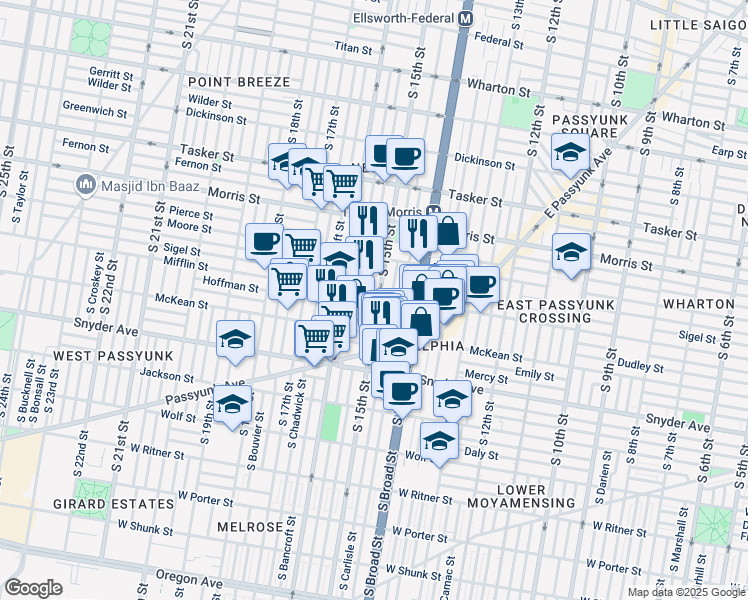 map of restaurants, bars, coffee shops, grocery stores, and more near 1900 South 15th Street in Philadelphia