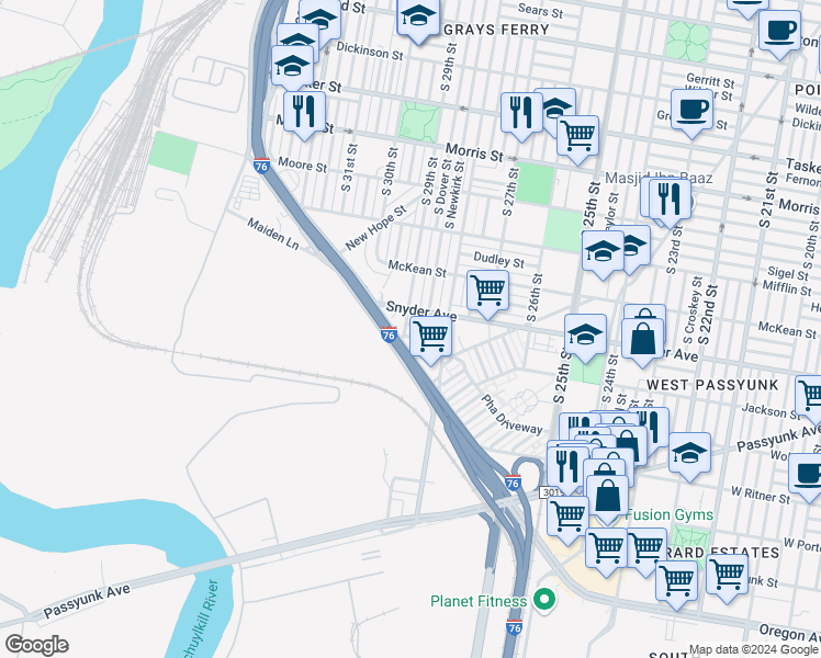map of restaurants, bars, coffee shops, grocery stores, and more near 2850 Cantrell Street in Philadelphia