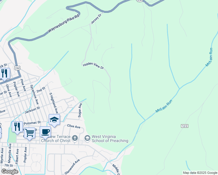 map of restaurants, bars, coffee shops, grocery stores, and more near 31 Hidden View Drive in Moundsville