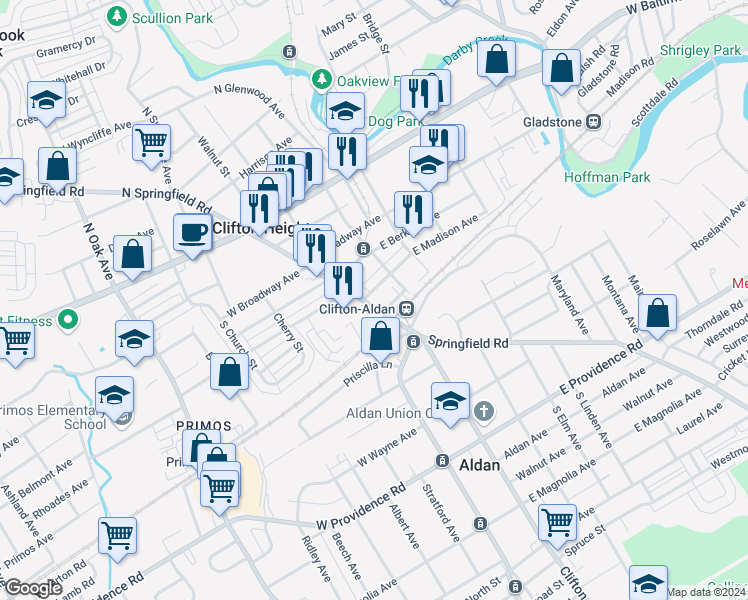 map of restaurants, bars, coffee shops, grocery stores, and more near 409 South Springfield Road in Clifton Heights