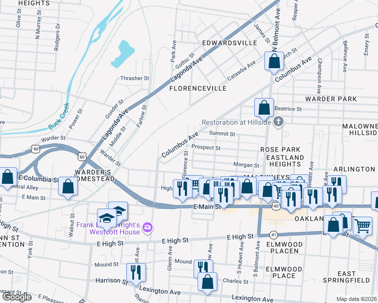 map of restaurants, bars, coffee shops, grocery stores, and more near 320 North Florence Street in Springfield