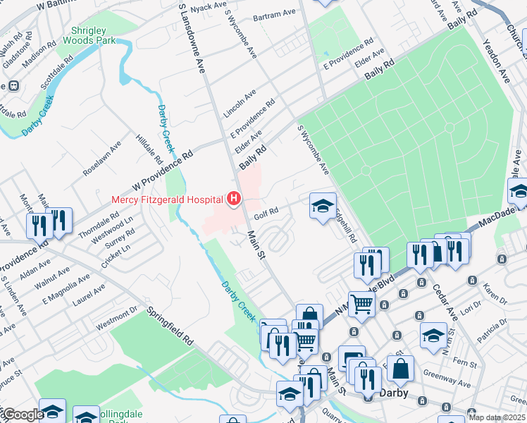 map of restaurants, bars, coffee shops, grocery stores, and more near 9 Golf Road in Darby