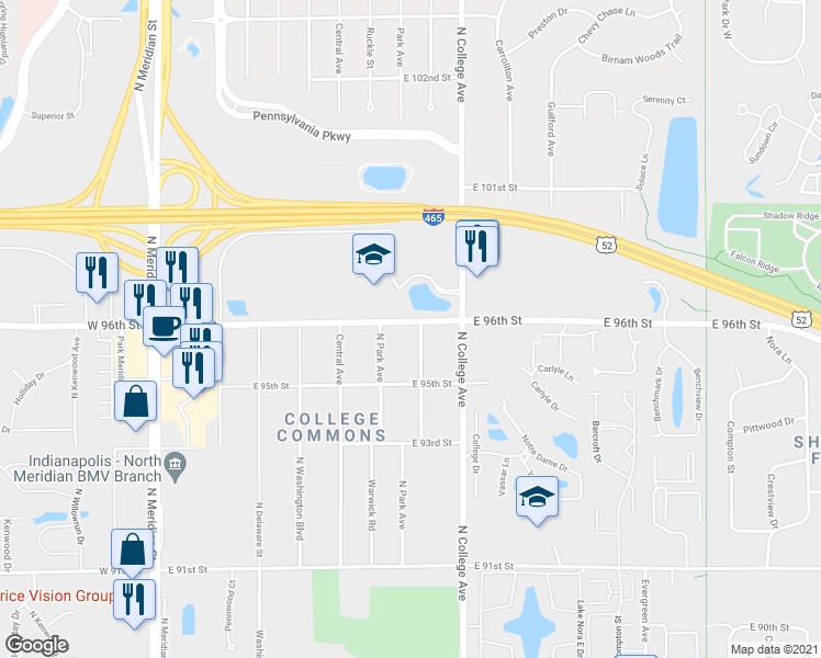 map of restaurants, bars, coffee shops, grocery stores, and more near 9590 Broadway Street in Indianapolis