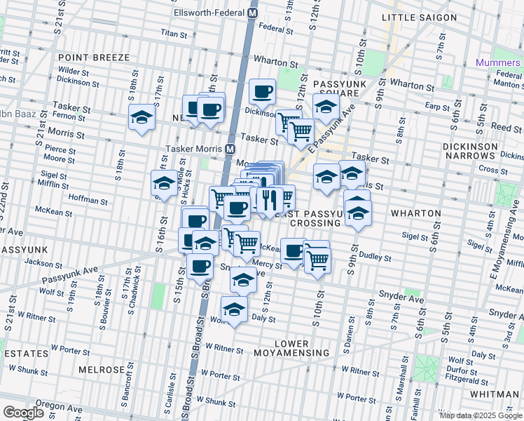 map of restaurants, bars, coffee shops, grocery stores, and more near 1831 East Passyunk Avenue in Philadelphia