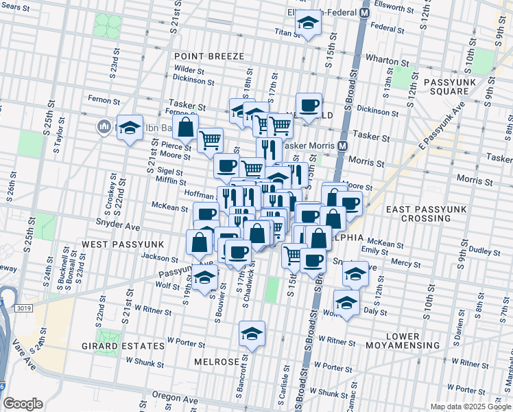map of restaurants, bars, coffee shops, grocery stores, and more near 1921 South 17th Street in Philadelphia