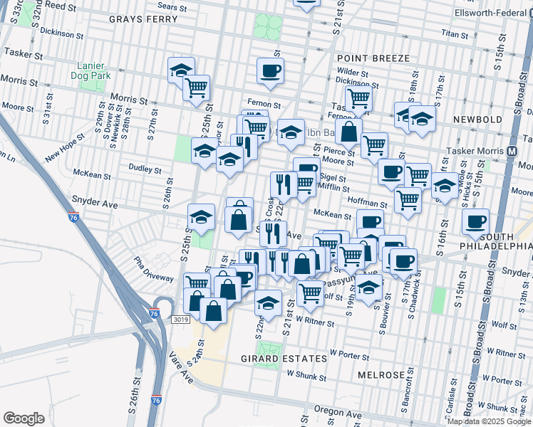 map of restaurants, bars, coffee shops, grocery stores, and more near 2018 South Croskey Street in Philadelphia