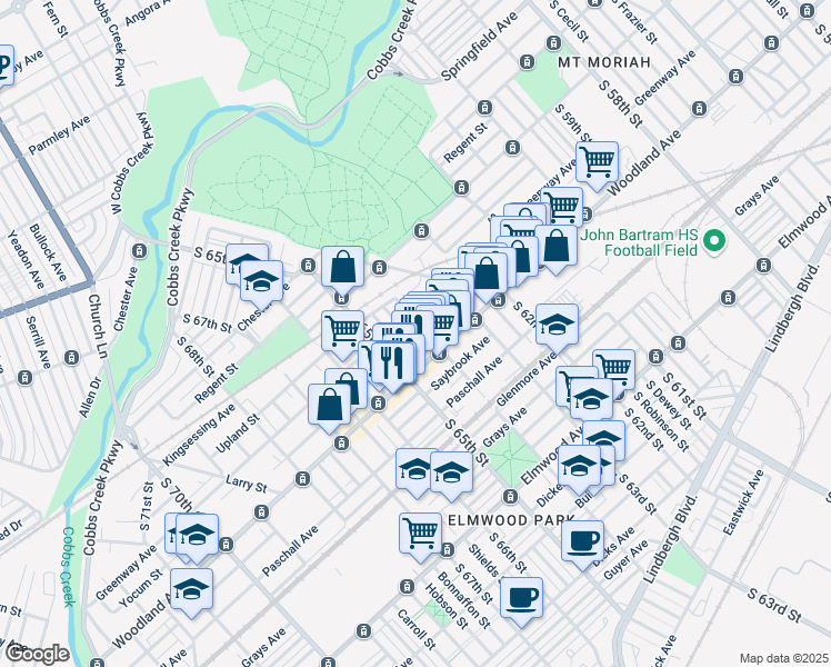 map of restaurants, bars, coffee shops, grocery stores, and more near 2120 South 64th Street in Philadelphia
