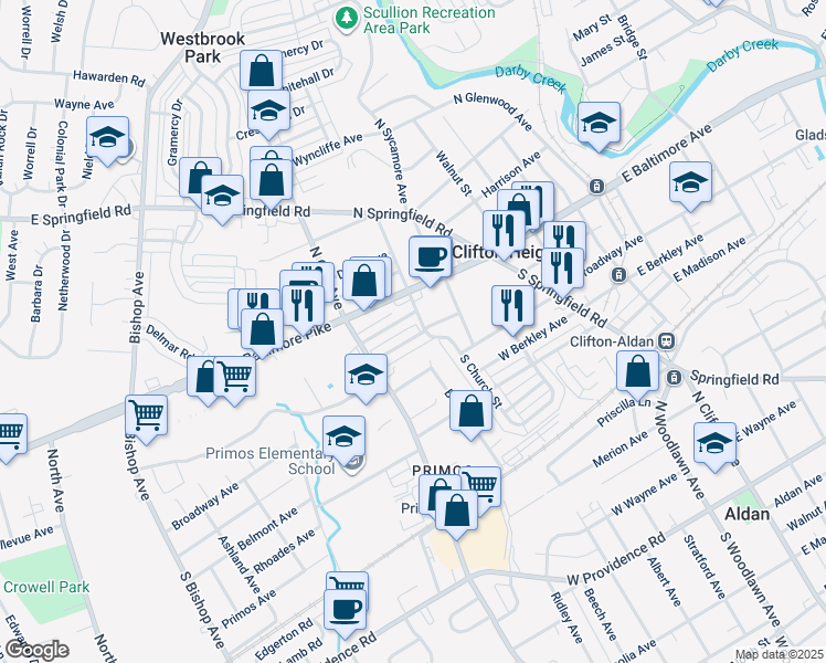map of restaurants, bars, coffee shops, grocery stores, and more near 207 West Washington Avenue in Clifton Heights