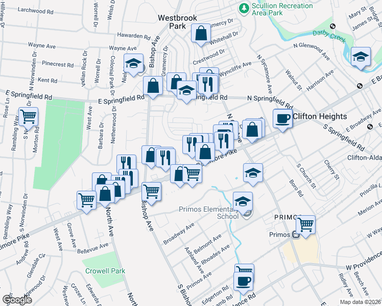 map of restaurants, bars, coffee shops, grocery stores, and more near 5224 Alverstone Road in Clifton Heights