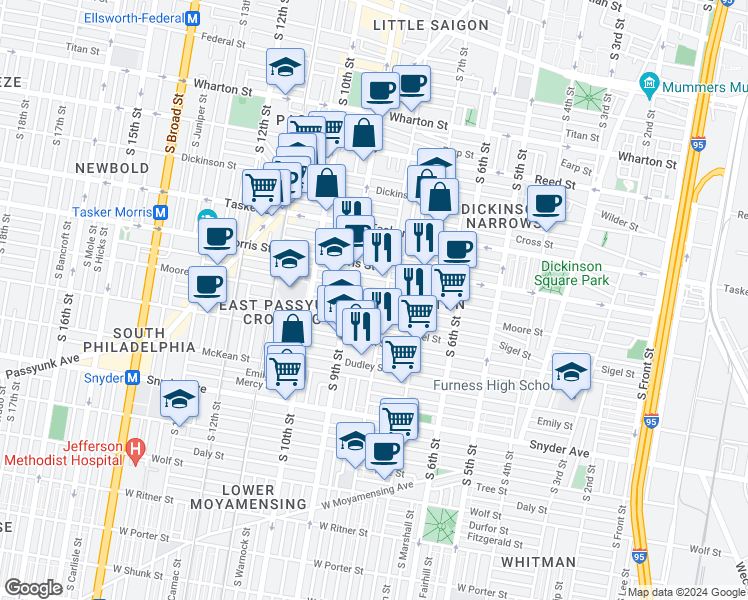 map of restaurants, bars, coffee shops, grocery stores, and more near 805 Moore Street in Philadelphia