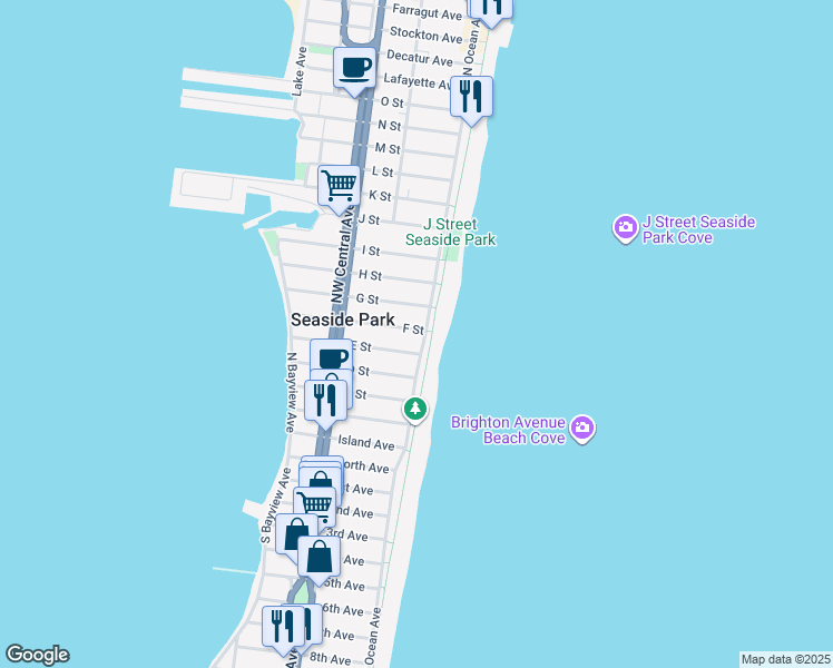 map of restaurants, bars, coffee shops, grocery stores, and more near 515 North Ocean Avenue in Seaside Park