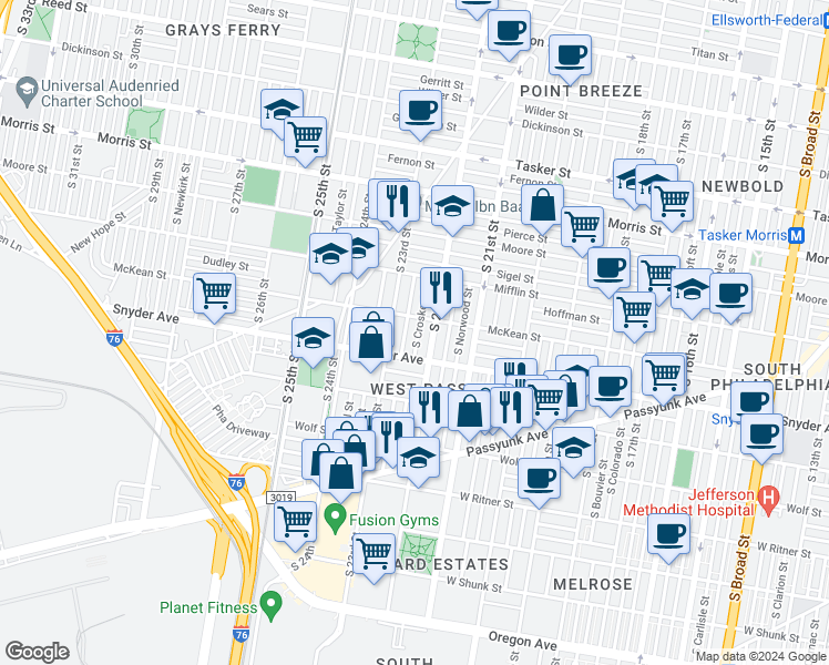 map of restaurants, bars, coffee shops, grocery stores, and more near 2018 South Croskey Street in Philadelphia