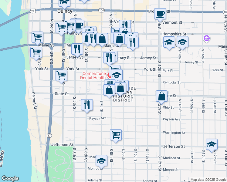 map of restaurants, bars, coffee shops, grocery stores, and more near 801 State Street in Quincy