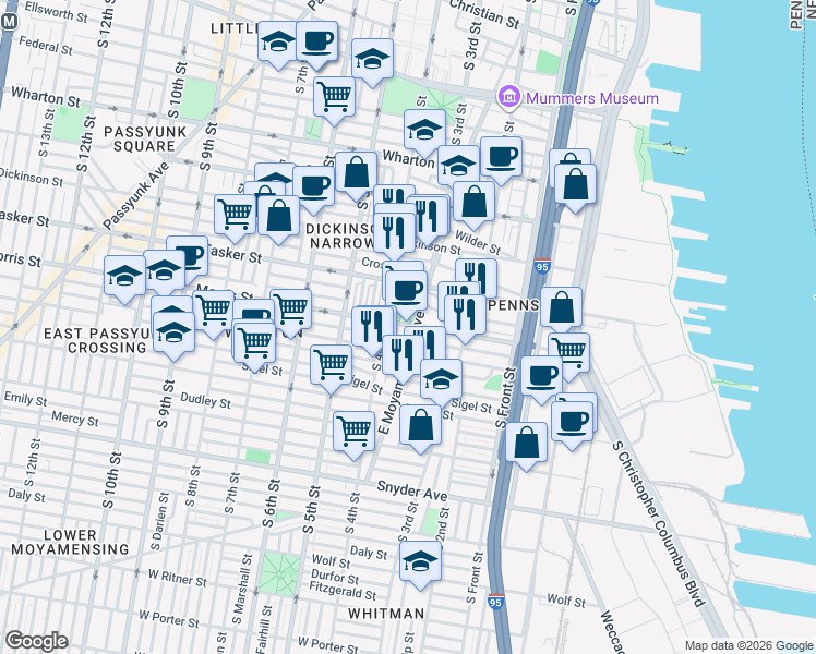 map of restaurants, bars, coffee shops, grocery stores, and more near 1700 East Moyamensing Avenue in Philadelphia