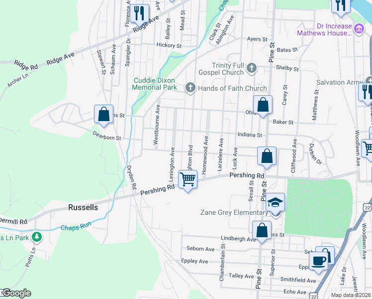 map of restaurants, bars, coffee shops, grocery stores, and more near 815 Brighton Boulevard in Zanesville