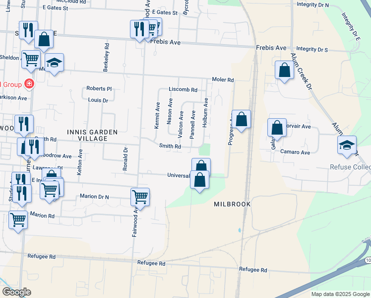 map of restaurants, bars, coffee shops, grocery stores, and more near 1647 Smith Road in Columbus