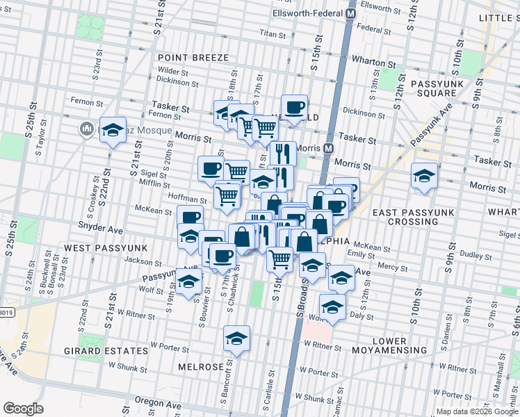 map of restaurants, bars, coffee shops, grocery stores, and more near 1912 South 16th Street in Philadelphia