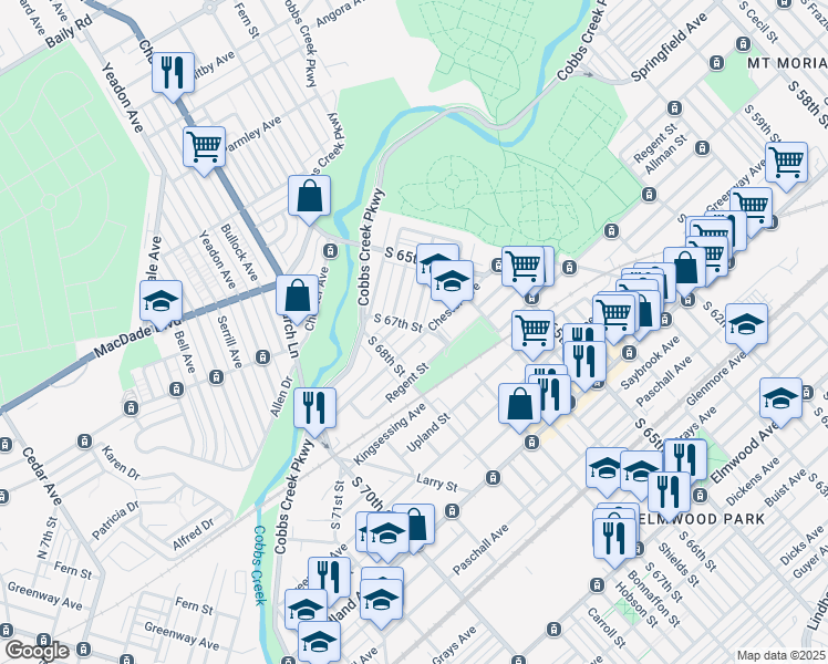 map of restaurants, bars, coffee shops, grocery stores, and more near 6701 Chester Avenue in Philadelphia