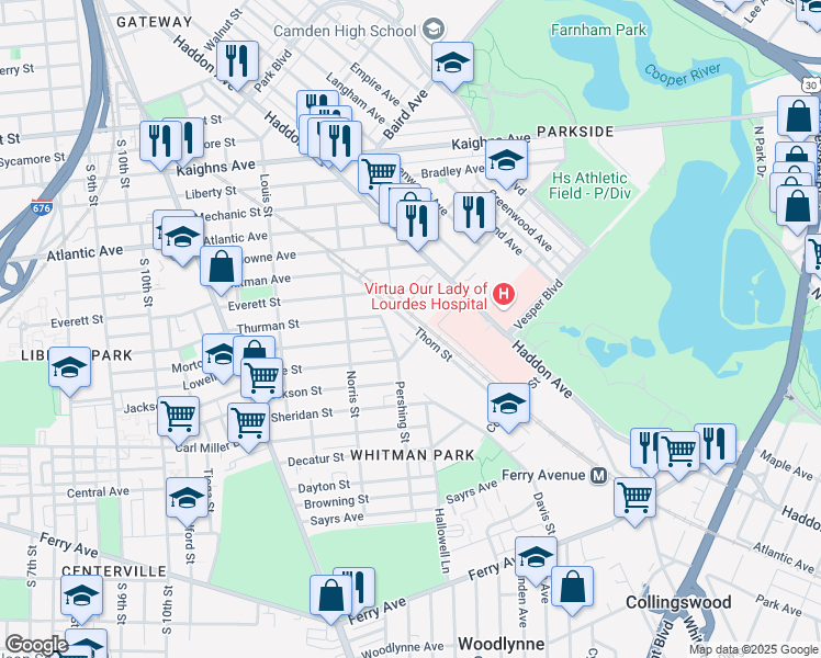 map of restaurants, bars, coffee shops, grocery stores, and more near 1551 Thorn Street in Camden
