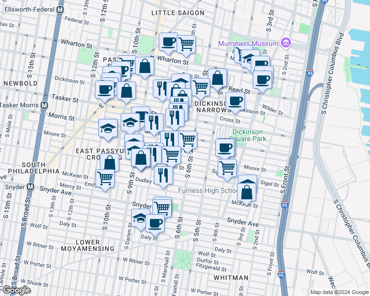 map of restaurants, bars, coffee shops, grocery stores, and more near 617 Pierce Street in Philadelphia
