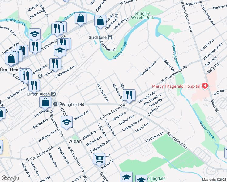 map of restaurants, bars, coffee shops, grocery stores, and more near Connecticut Road in Clifton Heights