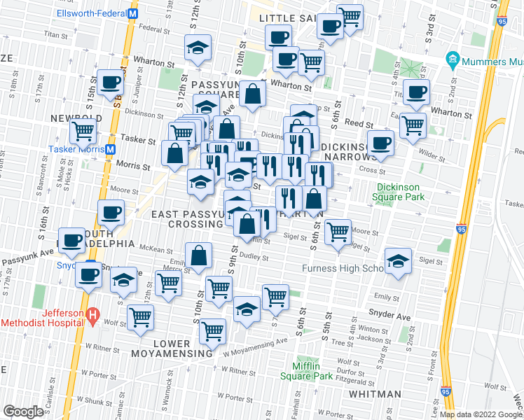 map of restaurants, bars, coffee shops, grocery stores, and more near 801 Moore Street in Philadelphia