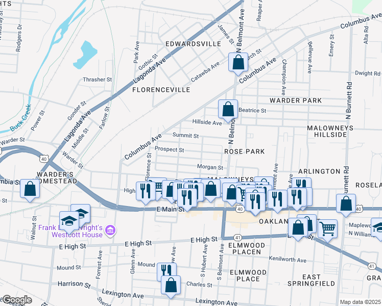 map of restaurants, bars, coffee shops, grocery stores, and more near 1709 Prospect Street in Springfield