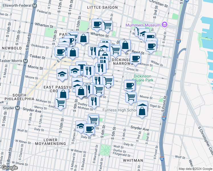 map of restaurants, bars, coffee shops, grocery stores, and more near 617 Pierce Street in Philadelphia