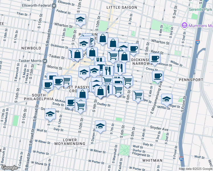 map of restaurants, bars, coffee shops, grocery stores, and more near 801 Moore Street in Philadelphia
