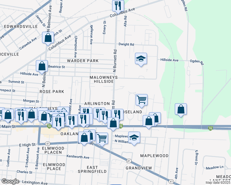map of restaurants, bars, coffee shops, grocery stores, and more near 408 North Burnett Road in Springfield
