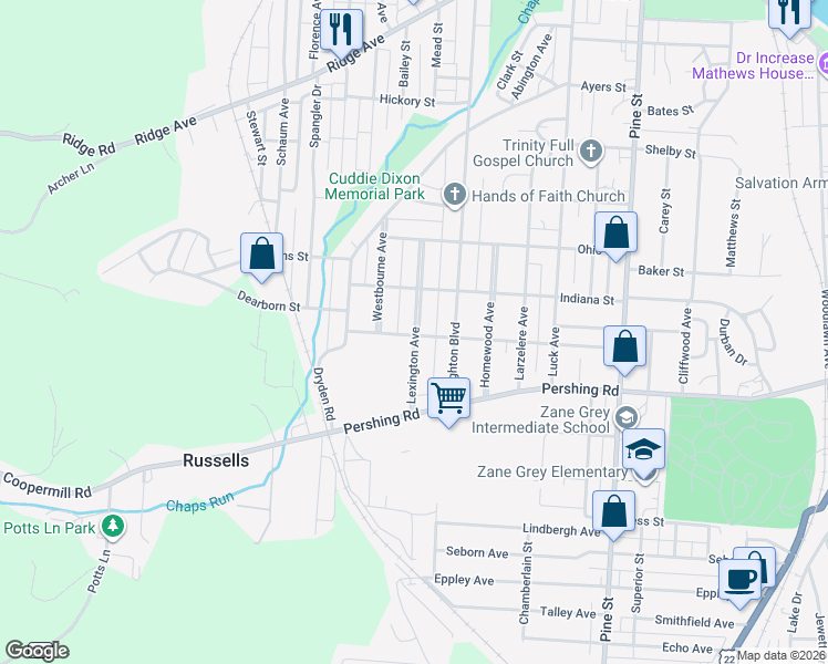 map of restaurants, bars, coffee shops, grocery stores, and more near 817 Lexington Ave in Zanesville